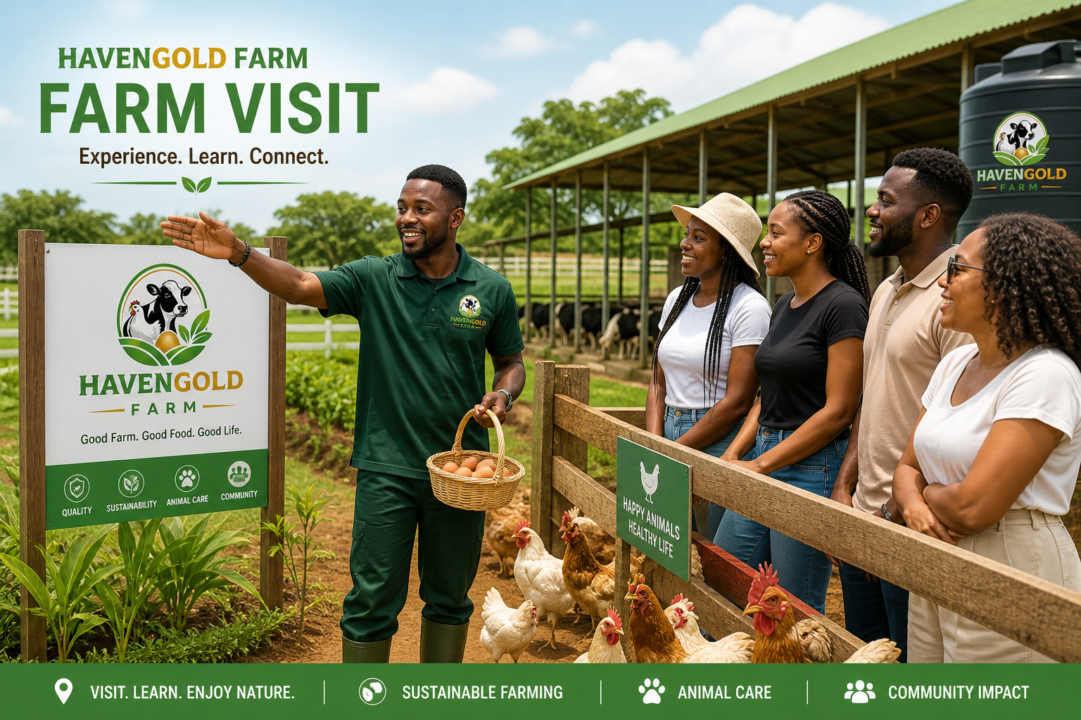 Experience farm life up close at Havengold Farm in Ruai, Nairobi. Our farm visits offer a unique opportunity to step away from the busy city and enjoy a calm, refreshing environment while learning how fresh milk, eggs, and vegetables are produced. Whether you are visiting as an individual, family, group, or school, the experience is designed to be both educational and enjoyable.